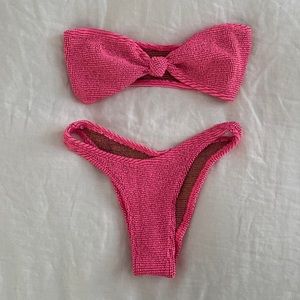 Bond-eye Bikini, Sahara Bandeau Top and Scene Bikini Bottom in Hot Pink Lurex